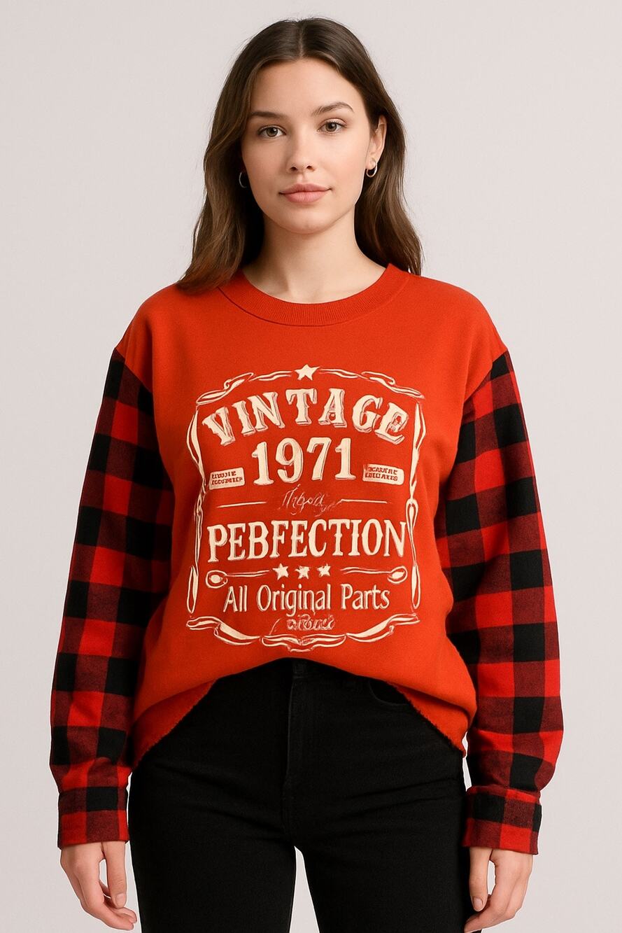 Upcycled Plaid Sleeve Vintage 1971 Graphic Top Handmade L–2XL